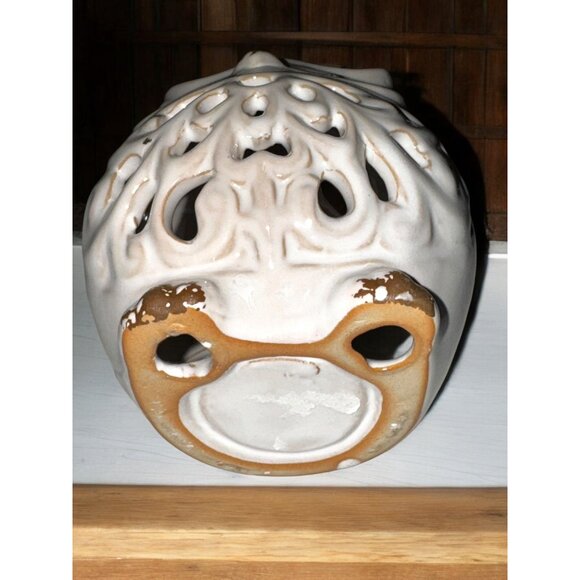 Vintage Ceramic Owl Candle Holder With Distressed Brown & White Finish - Picture 11 of 11